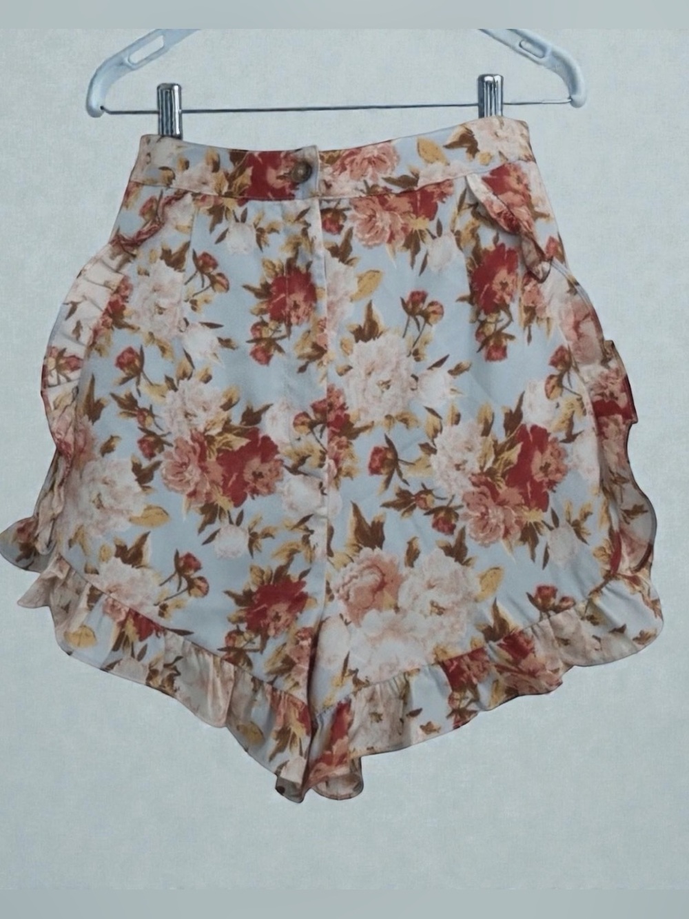 Lulu's High Waist Floral Ruffle Shorts - Blue and Red Medium